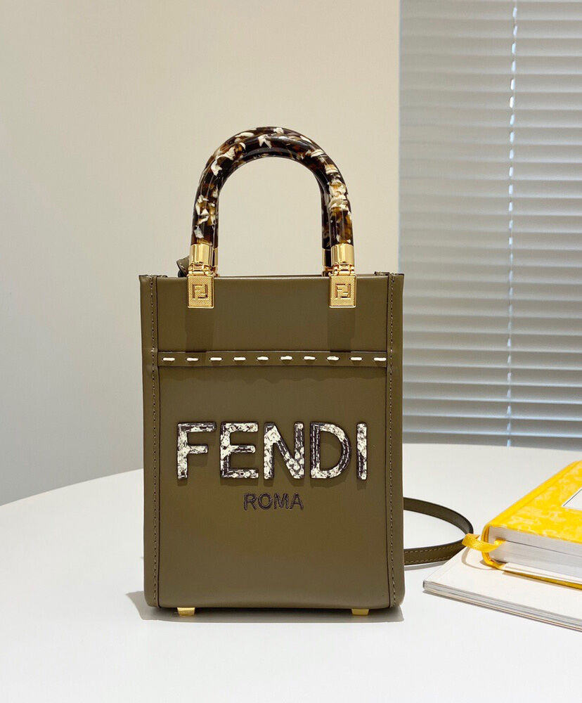 Fendi Mini Sunshine Shopper Leather And Elaphe Bag 8BS051 Khaki